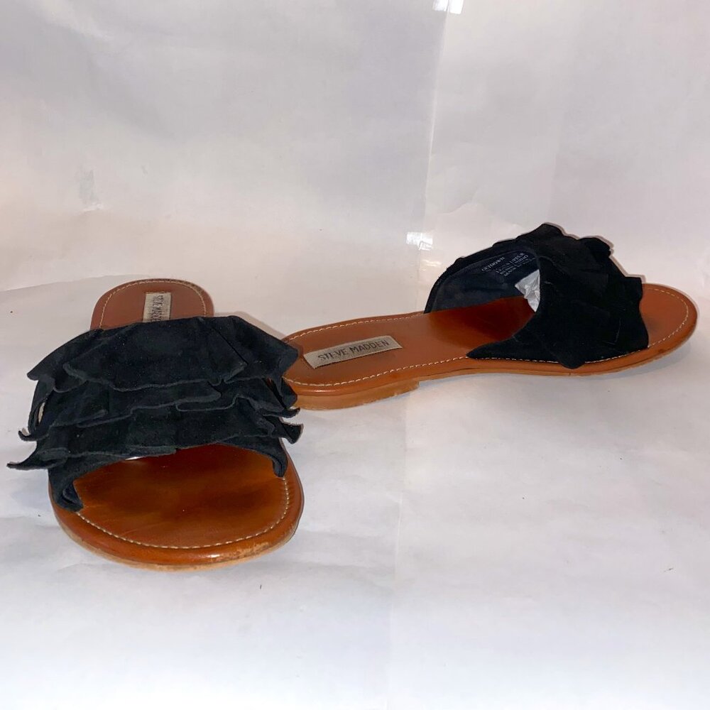 Steve Madden Getdown Ruffle Sandals, Black Suede, Size 10